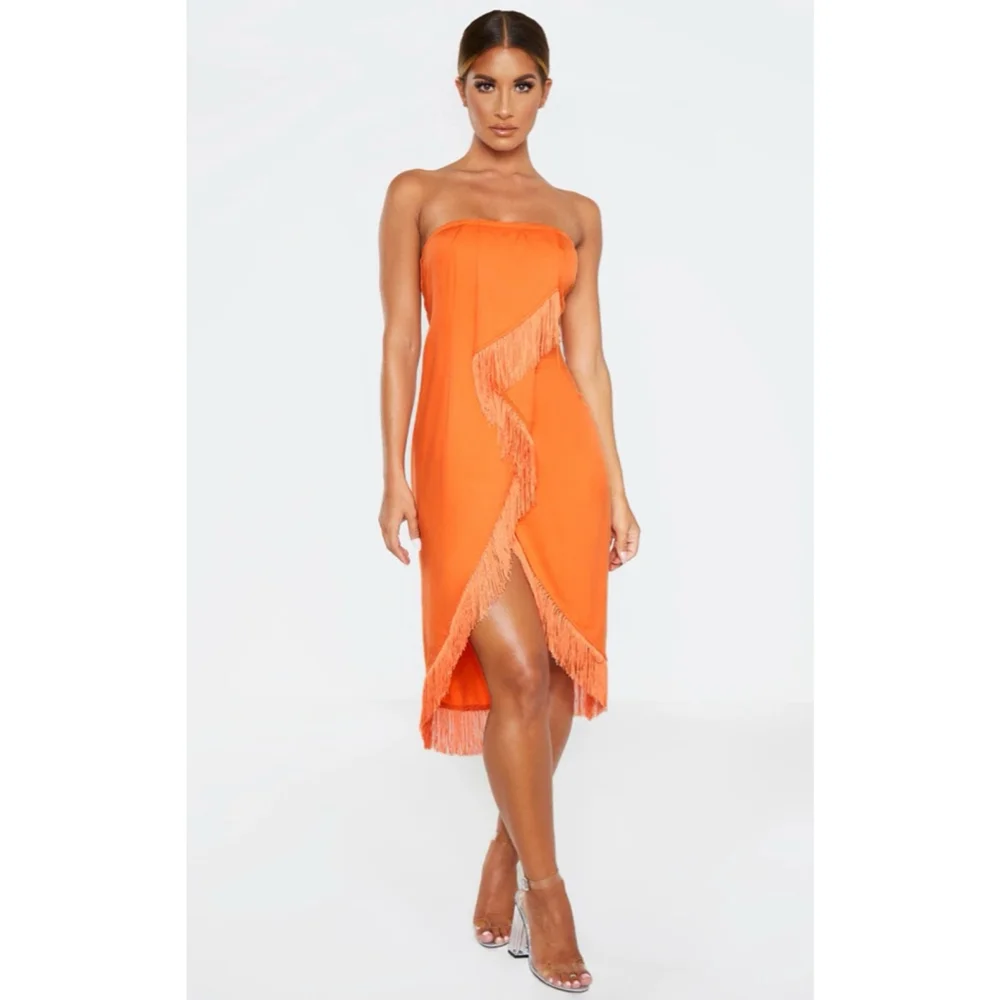 prettylittlething orange dress Women's Orange Linen Look Tiered Tie Strap Maxi Dress